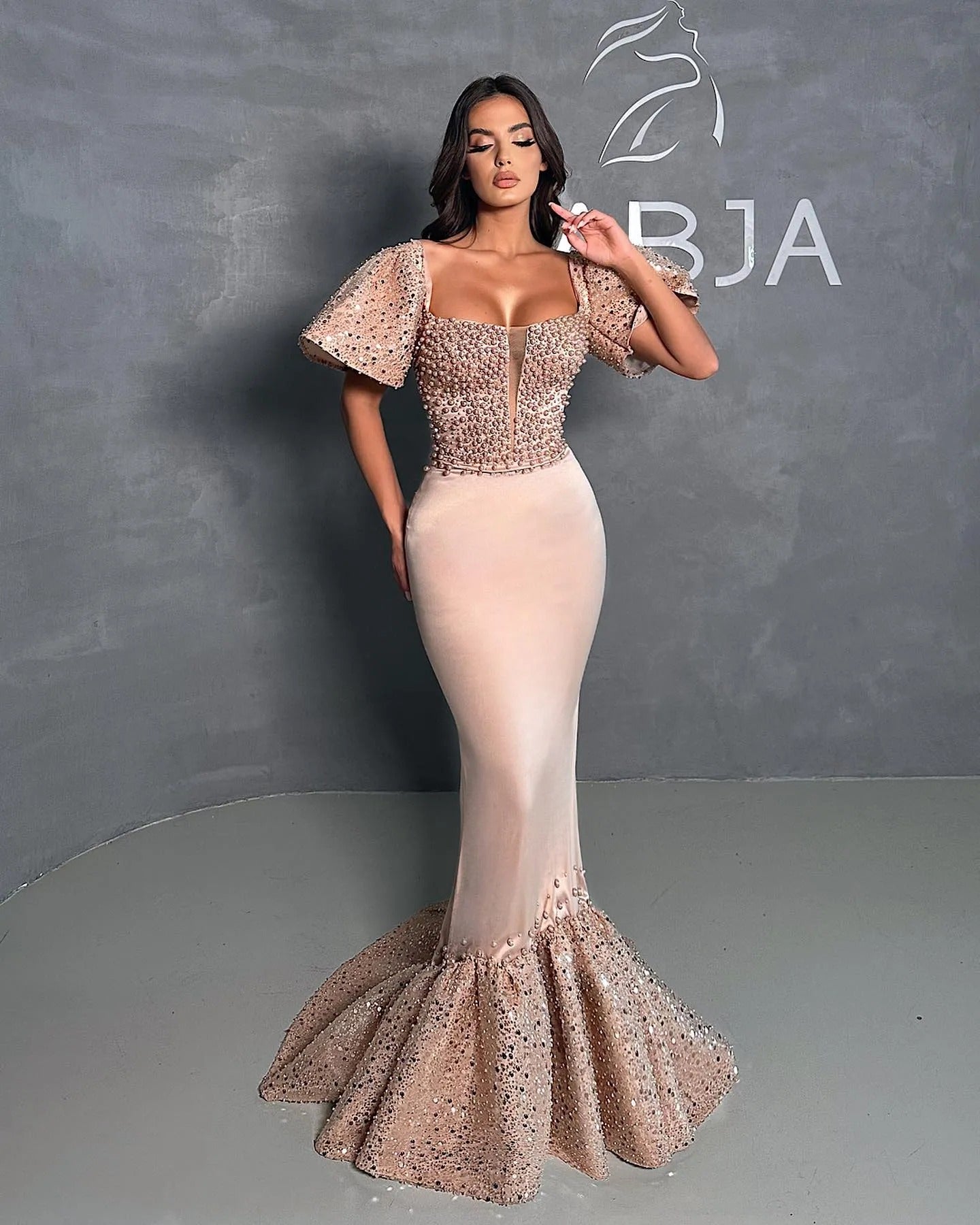 Sansa Luxury Champagne Glitter فساتين السهرة Vestidos De Noche De sirena con cuello cuadrado elegantes hasta el suelo Vestidos De Fiesta brillantes