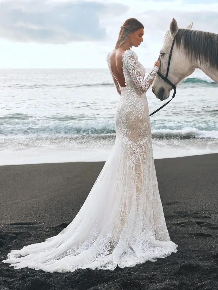 Sexy encaje ceñido al cuerpo sirena vestidos de novia sin espalda mangas largas elegantes vestidos de novia bohemios Color personalizado robe de mariée 