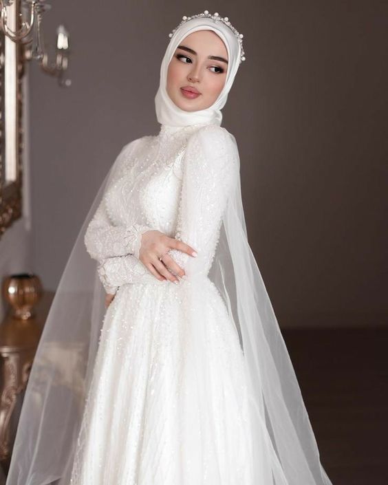 Robe de Mariée Langarmes Hochzeitskleider A-Line Spitze High Neck Dubai Arabisch-Muslim Hijab Brautkleid mit Schleier