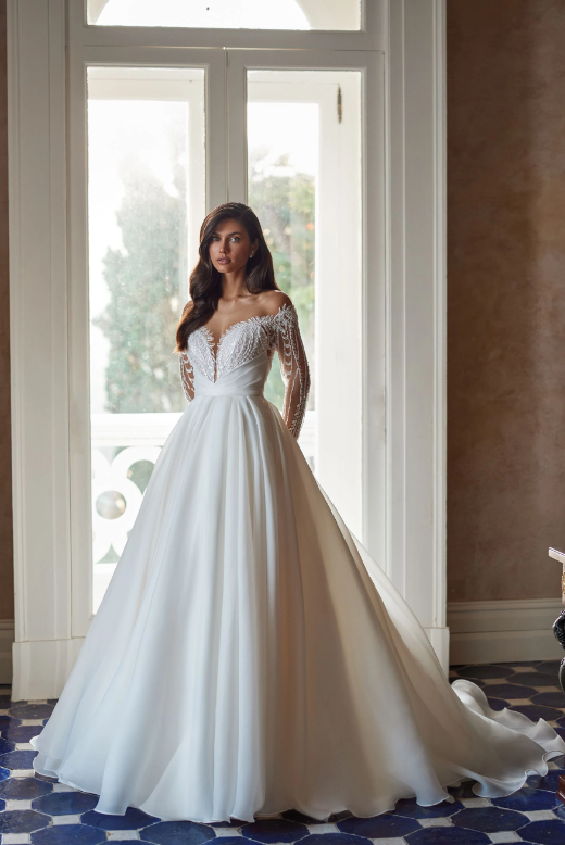 Exquisito vestido de novia de Organza de manga larga, línea A, apliques de ilusión de lujo, tren de corte con cuentas, vestido de novia Vintage