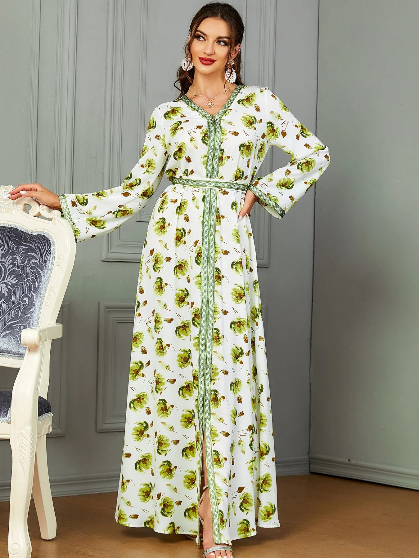 Fashion Chic Printing Casual Long Sleeve V-Neck Belted Dress Moroccan Gulf Caftan For Women Arab African Turkish Abaya