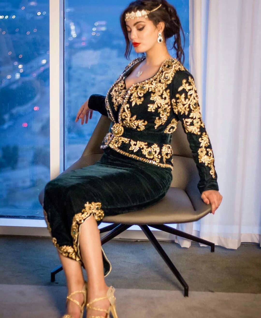 Vert foncé Karakou algérien Caftan sirène robes de soirée 3 pièces ceinture détachable robe de bal or dentelle robes de soirée