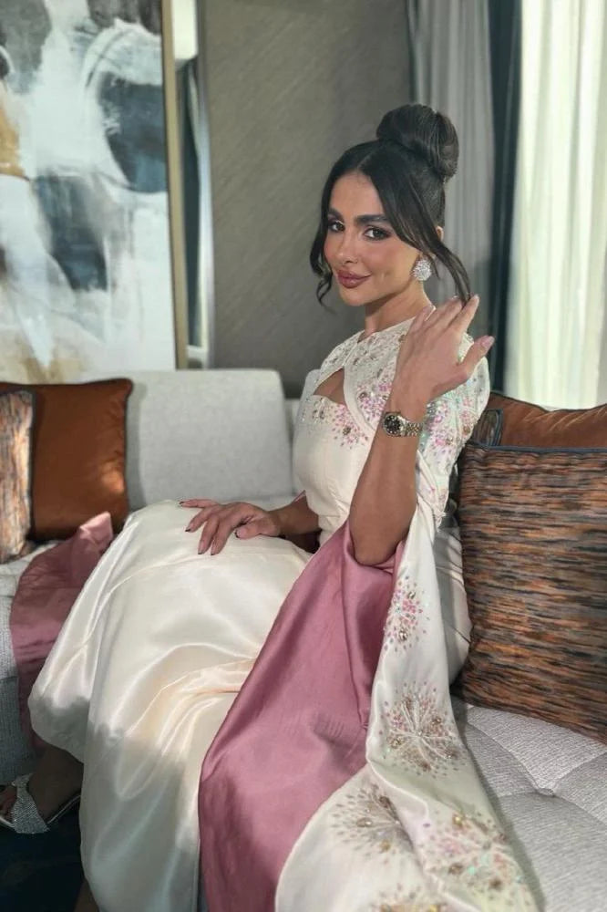 Vestido de baile Arábia Saudita cetim de cetim drapeado Quinceanera A-line decote em V vestidos de manga longa sobera