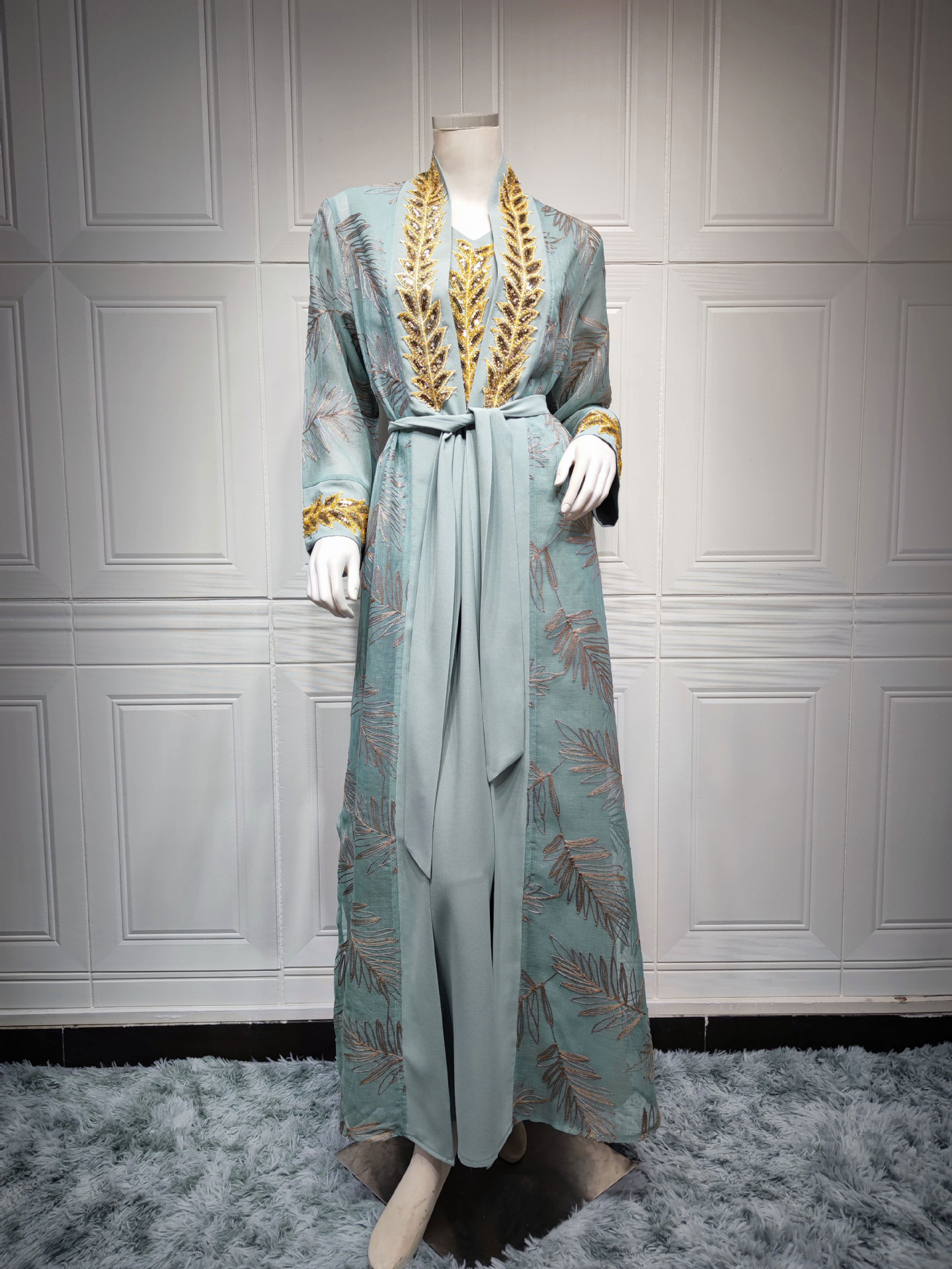 Ricamo a sequenza Dubai Abaya Musulmani Set di abiti caftanici della Femaulmane Musulmane Caftan Marocain Jalabiya Ramadan