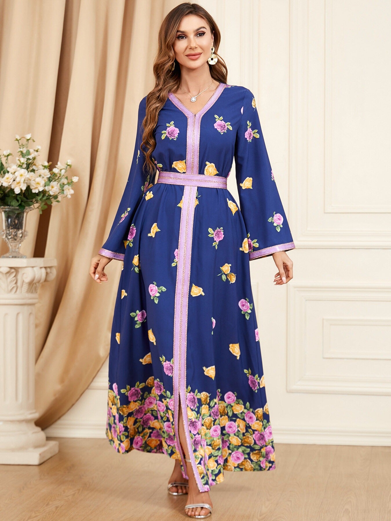 Chique etnische print abaya jurk vrouwen elegante tape trim V nek volle mouw losse casual gordel Morokkaanse Dubai jalabiya