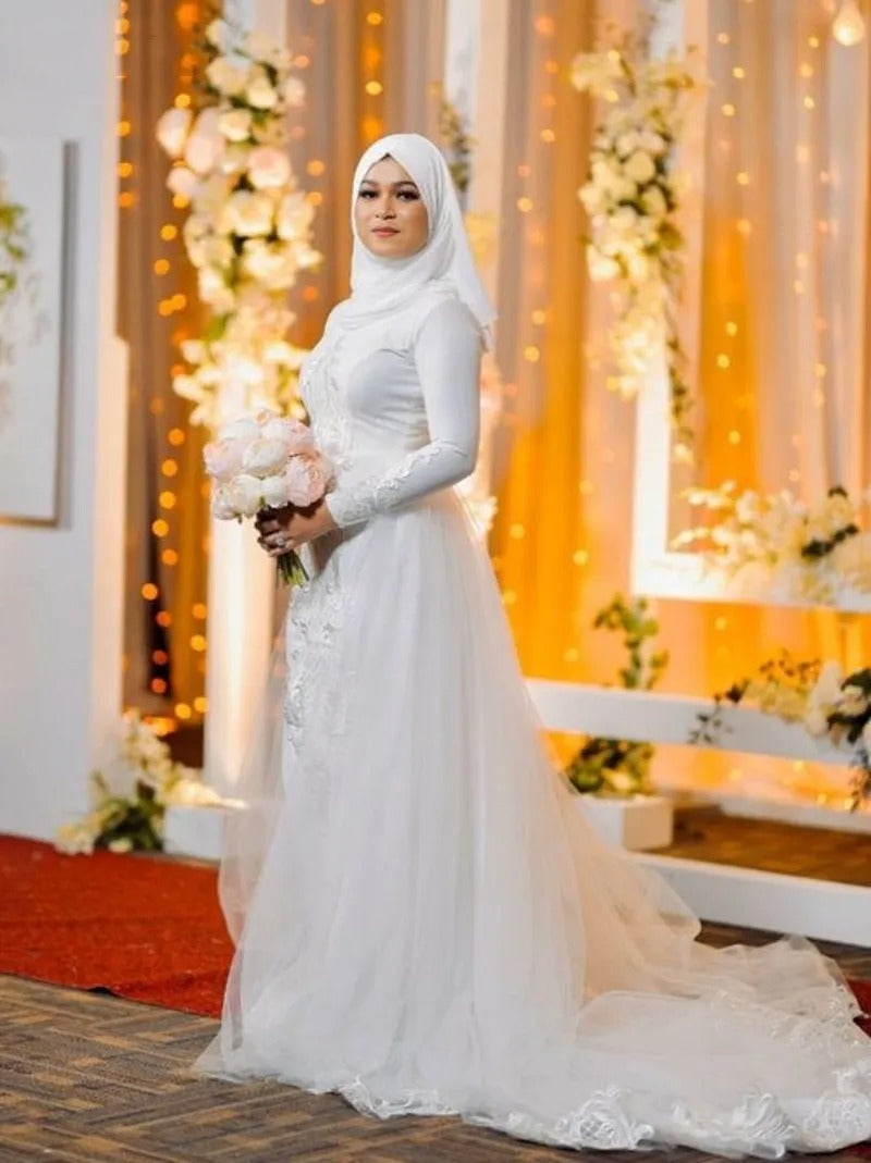 Elegant Hijab Muslim Wedding Dresses Lace Robe De Mariée Full Sleeves Mermaid Bride Dress Long Wedding Gowns with Train