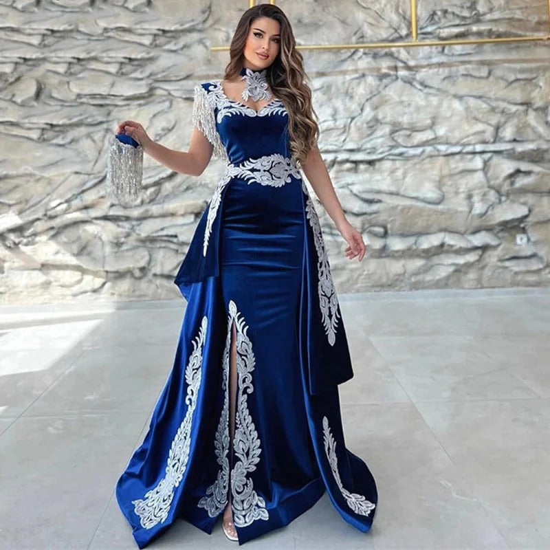 Abito da sera caftano marocchino Appliques manica con cappuccio in pizzo manica royal sirena blu a fessura di velluto abiti da ballo arabo abiti da festa 2023