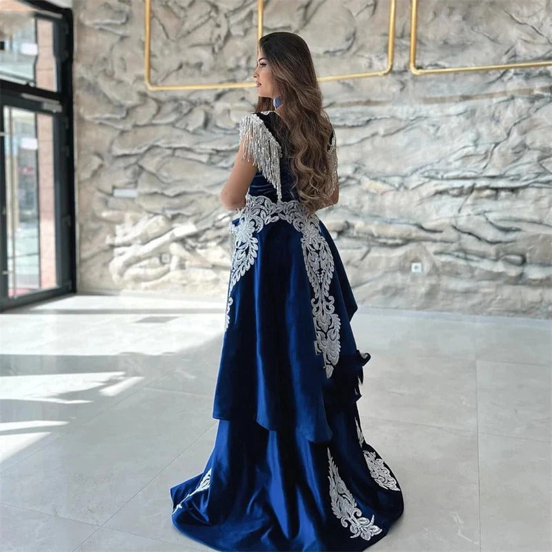 Caftán marroquí vestido de noche con apliques de encaje manga casquillo azul real sirena corte terciopelo árabe vestidos de fiesta vestido de fiesta 2023