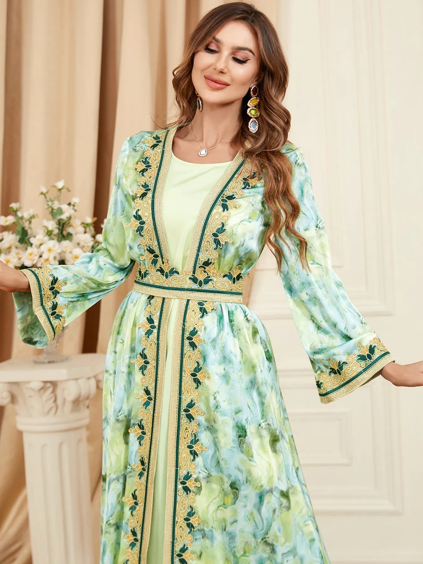 Vestido marocain femme cetim noite 2 peças abaya para o ramadã muçulmano chique imprimindo com cinto de dubai vestido islâmico