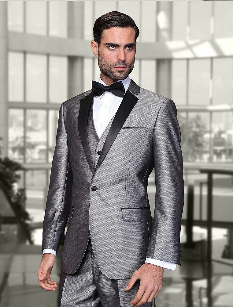 Blazer para hombre, traje de boda de satén gris, solapa de muesca, botonadura única, chaqueta elegante de 3 piezas, pantalones, chaleco, Terno de boda 