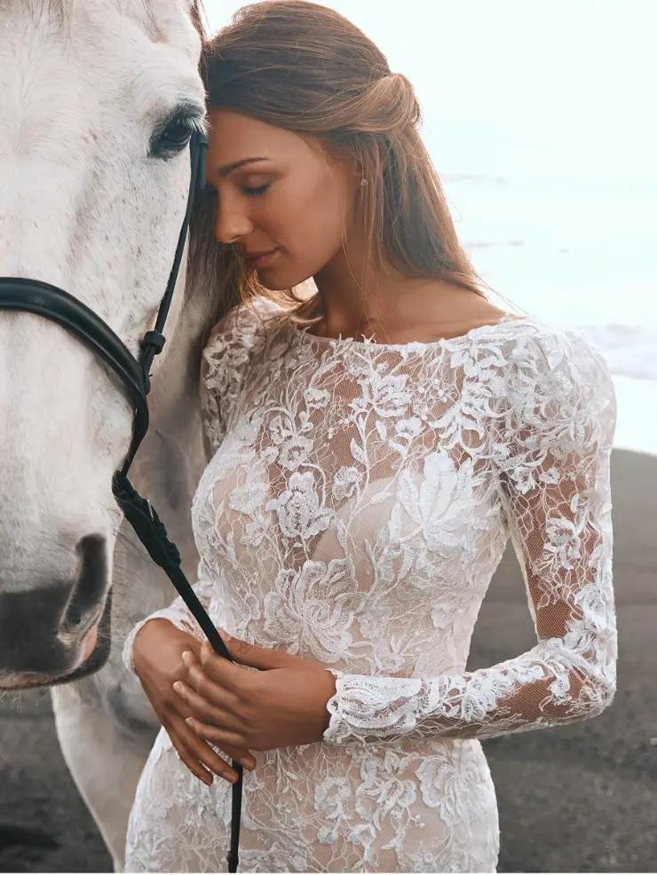 Sexy kanten bodycon zeemeermin bruiloft jurken backless lange mouwen elegante boho bruidsjurken aangepaste kleur gewaad de mariée