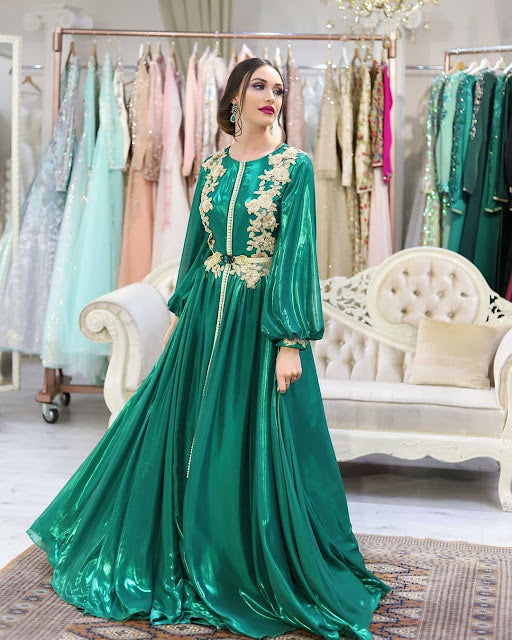 Emerald Green Marokcan Kaftan Abendkleider für Frauen formelle Goldspitze Dubai Prinzessin Promi -Partykleider