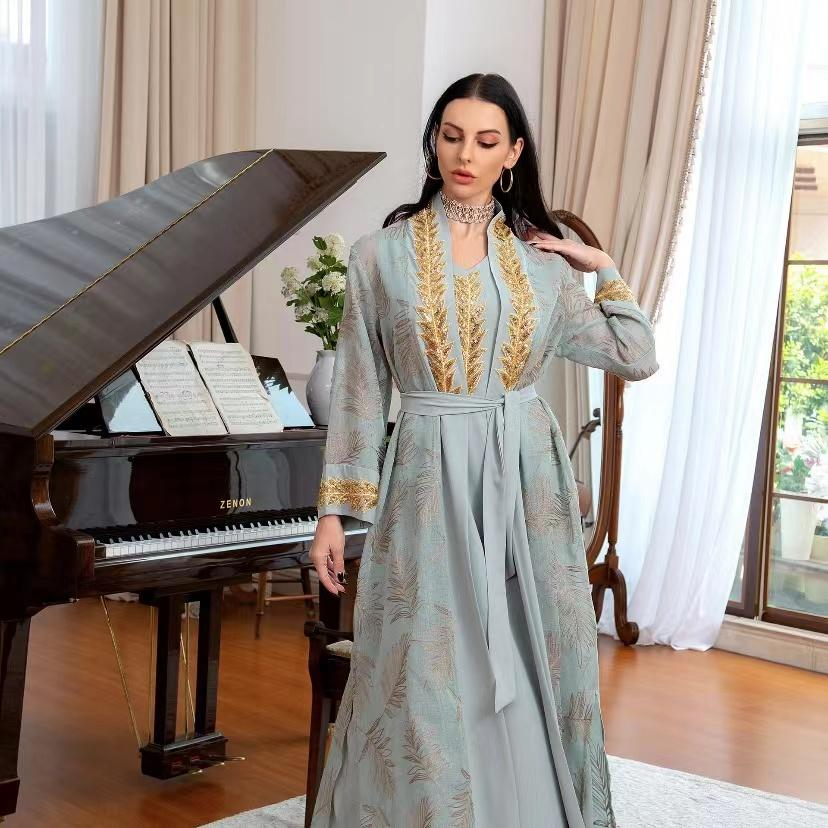 Broderie pailletée dubaï Abaya ensembles Musulmans Caftan ceinturé Robe de soirée Femme Musulmane Caftan Marocain femmes Jalabiya Ramadan