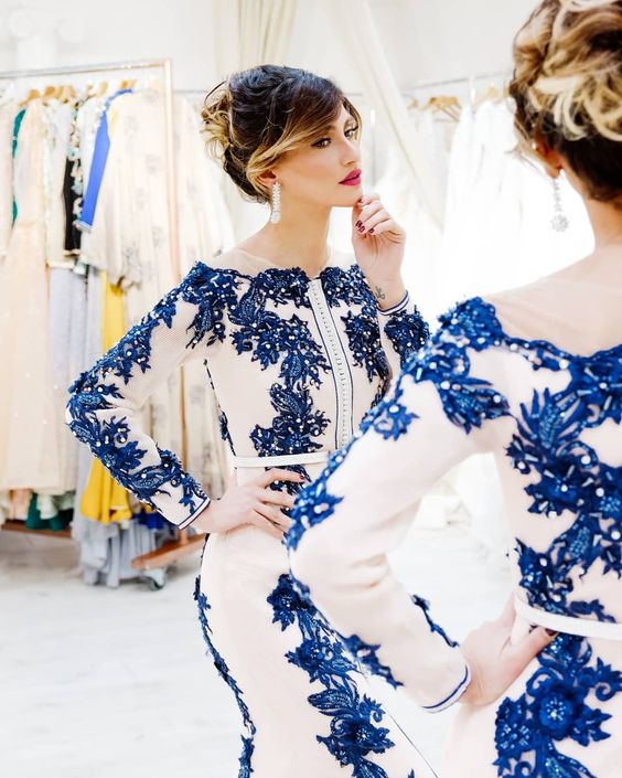 Apliques de Dubái, caftán de gasa rosa, vestidos de noche de sirena marroquí, vestidos formales de fiesta para graduación con manga larga y cuello redondo