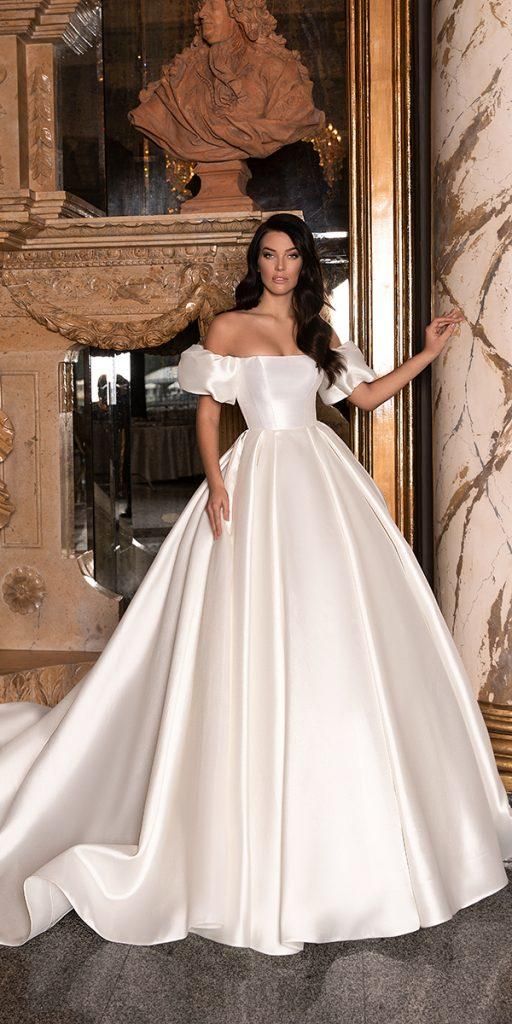 Short Sleeves Satin Ball Gown Wedding Dress Boat Neck Vintage Trouwjurk Robe Mariage Off the Shoulder Simple Vestidos De Novia