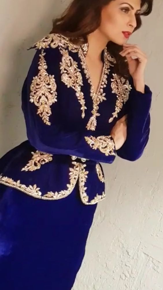 Royal Blue Karakou Algerijnse Caftan Avondjurken Velvet lange mouw 3 peices afneembare riem Dubai prom feestjurken