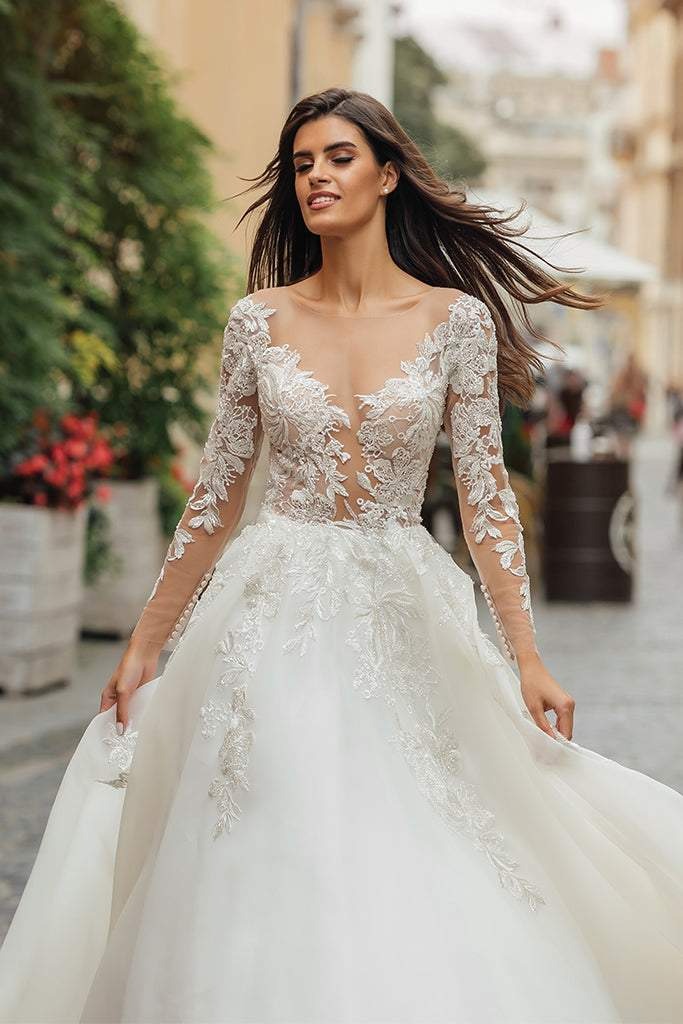 Robe de mariée en Tulle blanc, manches longues, avec Appliques en dentelle, décolleté transparent, fermeture à boutons, sur mesure 