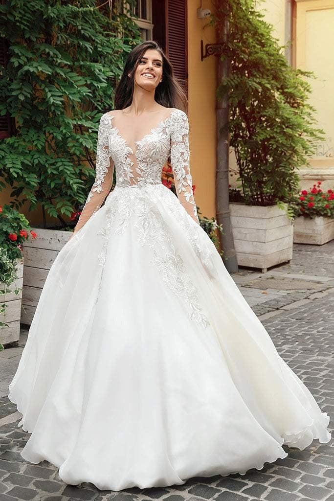 Robe de mariée en Tulle blanc, manches longues, avec Appliques en dentelle, décolleté transparent, fermeture à boutons, sur mesure 