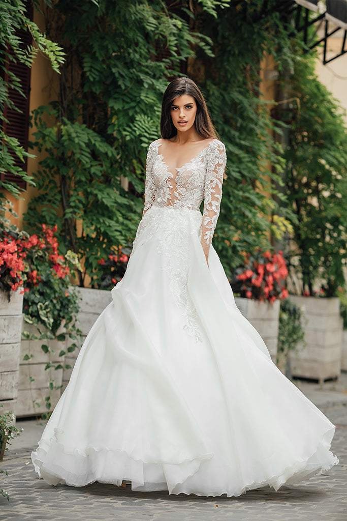 Robe de mariée en Tulle blanc, manches longues, avec Appliques en dentelle, décolleté transparent, fermeture à boutons, sur mesure 