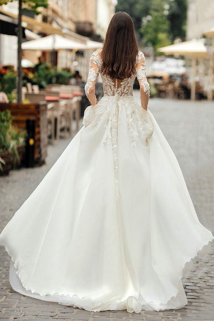 Robe de mariée en Tulle blanc, manches longues, avec Appliques en dentelle, décolleté transparent, fermeture à boutons, sur mesure 