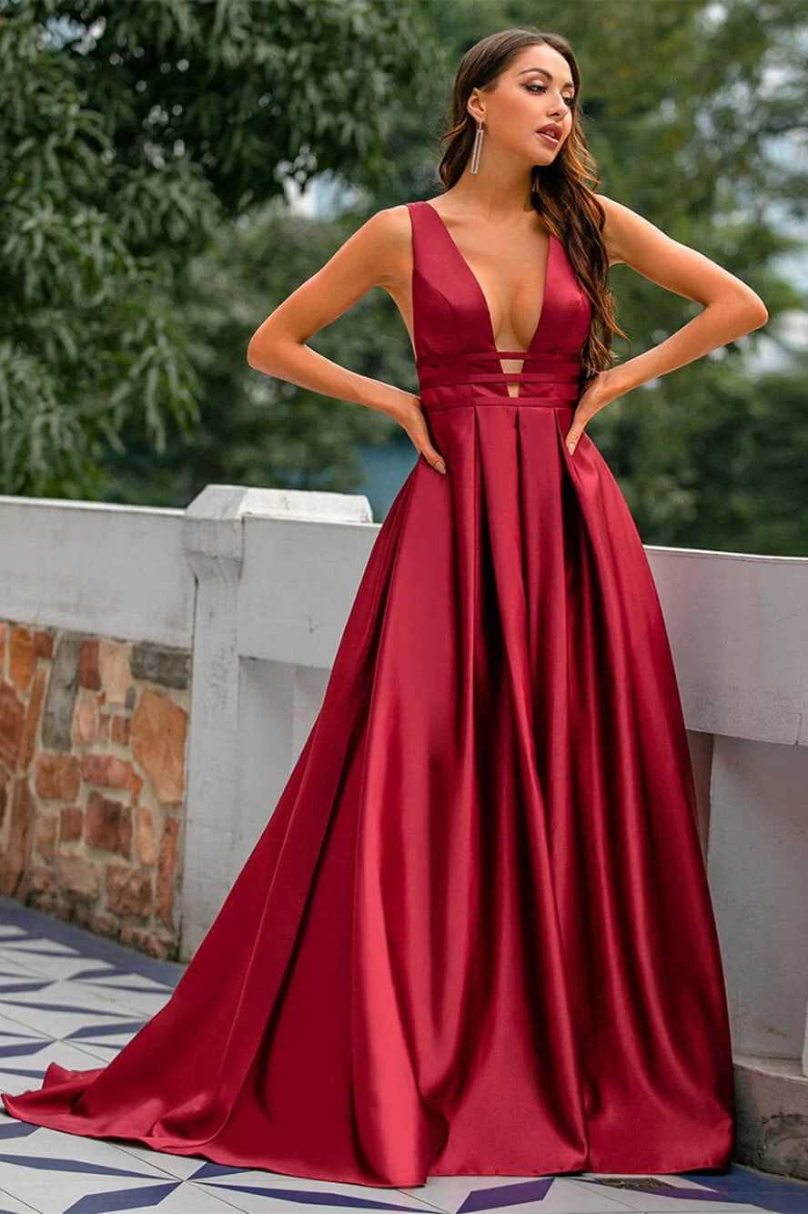 Vestido De fiesta De año nuevo rojo Sexy, vestidos De noche De invierno con cuello en V, vestidos De graduación De satén, vestido De noche largo elegante 