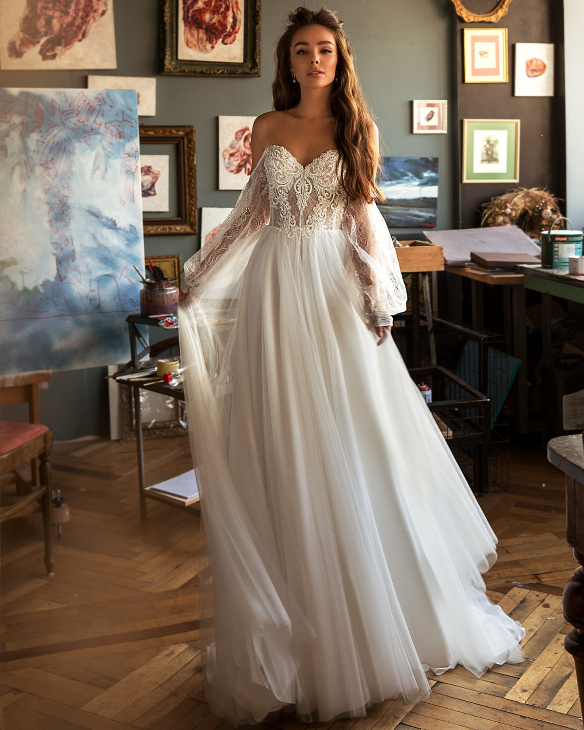 Pizzo applicato sexy abiti da sposa di campagna a cuore maniche lunghe eleganti boho abiti da sposa vintage abiti da sposa