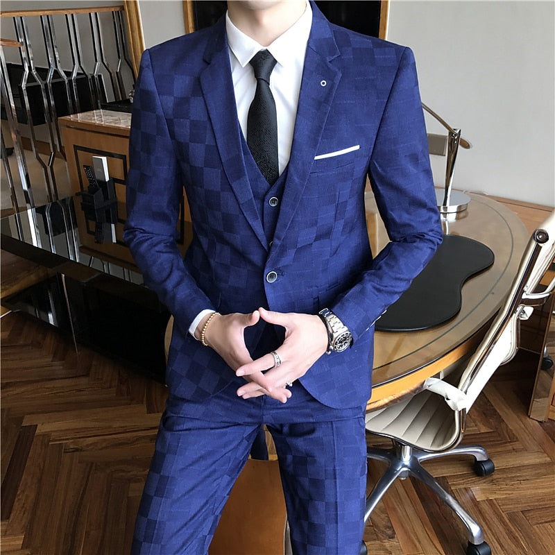 (Jaqueta+colete+calça) Moda Boutique Moda Plaid Men's Business Office Sapito de três peças Conjunto de noiva do Groom Fleds Slim Suits