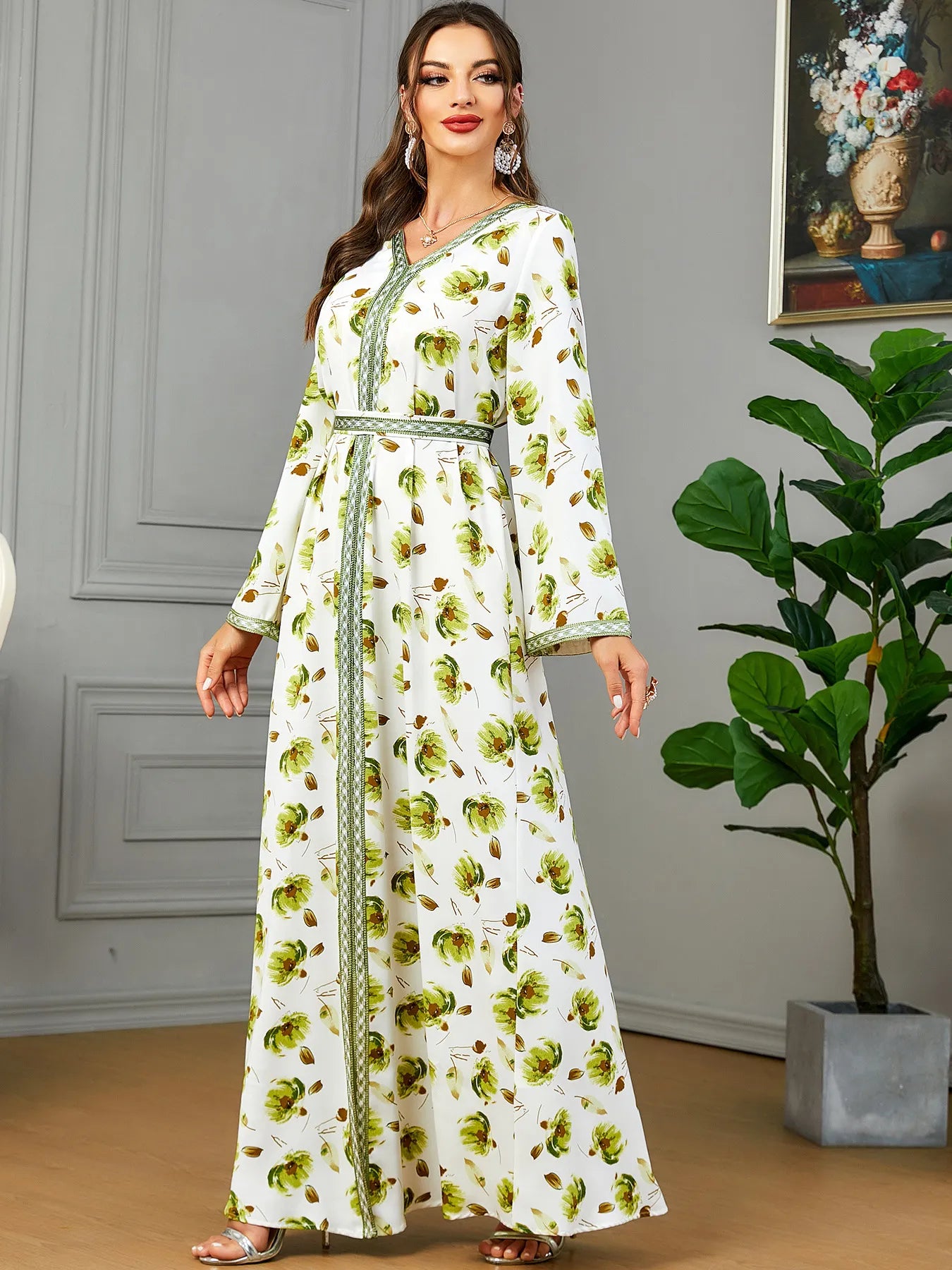 Fashion Chic Printing Casual Long Sleeve V-Ausschnitt Golf Kleid marokkanischer Golf Caftan für Frauen Arab African Turkish Abaya