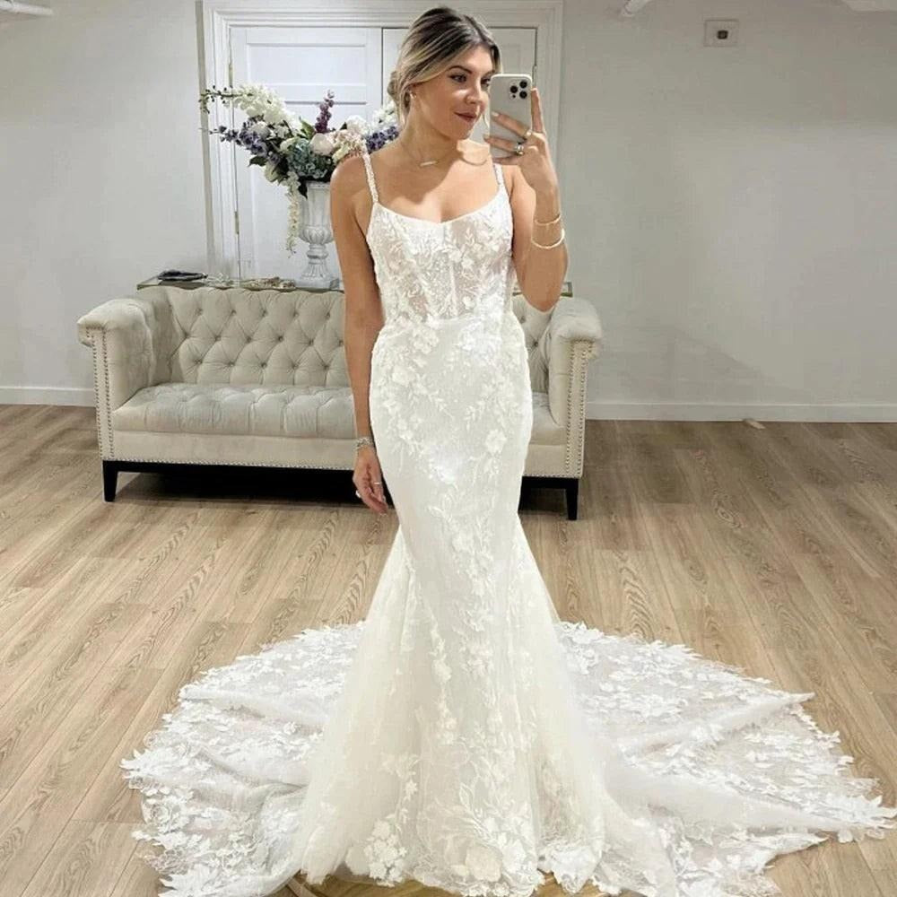 Robe De mariée sirène en dentelle pour femmes, sans manches, avec traîne Court, personnalisée 