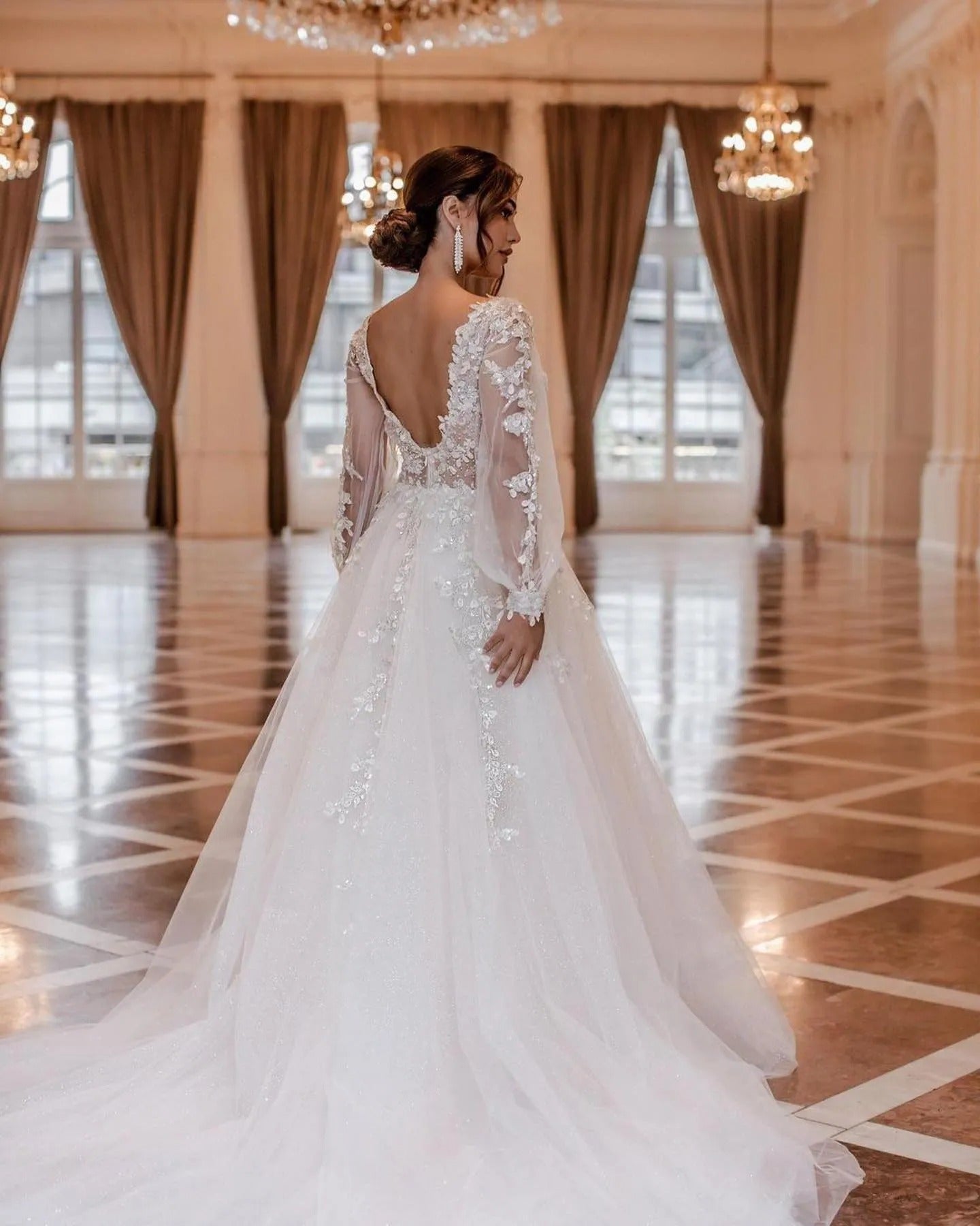 Vestidos de novia de ilusión, manga larga abombada, vestidos de graduación de corte A, apliques de princesa con cuello en V, vestidos formales de fiesta de novia para mujer 