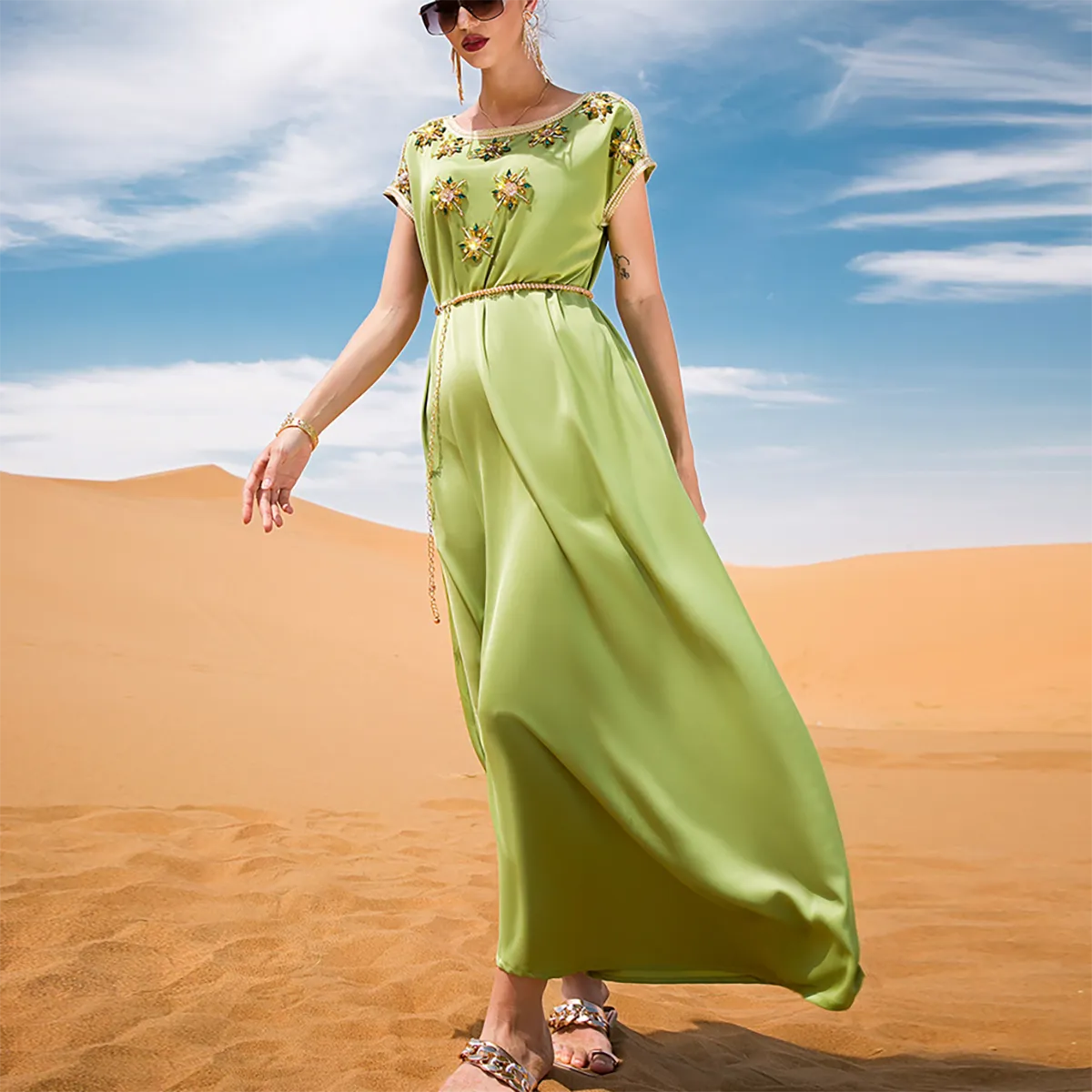 Satin Pure Handwork Rhinestone Chic Solid Short Sleeve O-Neck Belted Clothing Elegant Muslim Summer Long Dress 2023