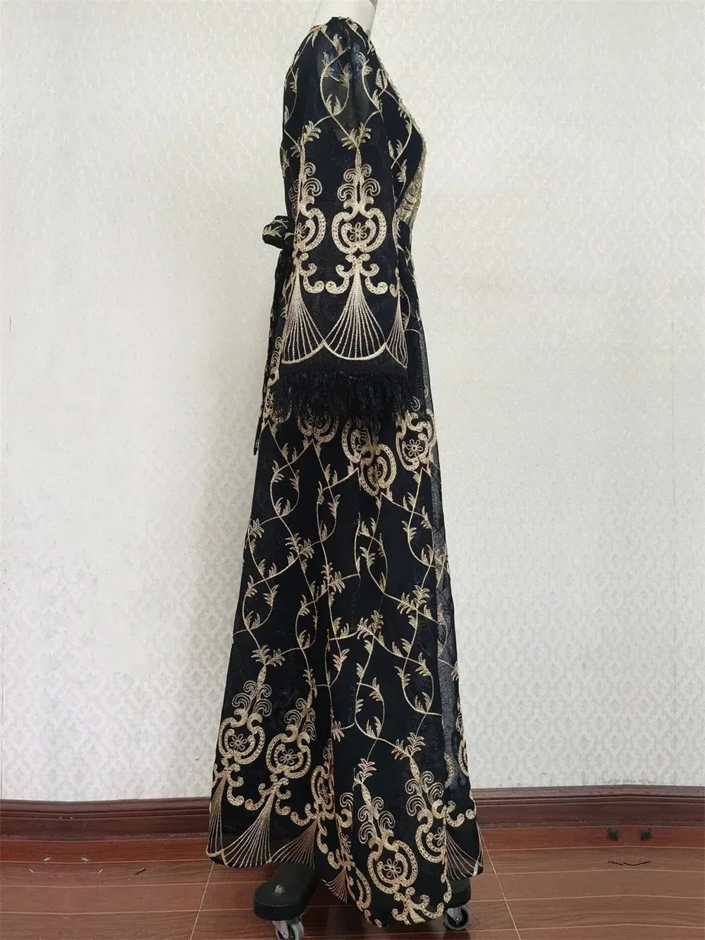 Dubai Gold Floral Embroidery Sequins Feathers Patchwork Long Sleeve V Collar Ethnic Party Gown With Sashes Eid Al-Adha