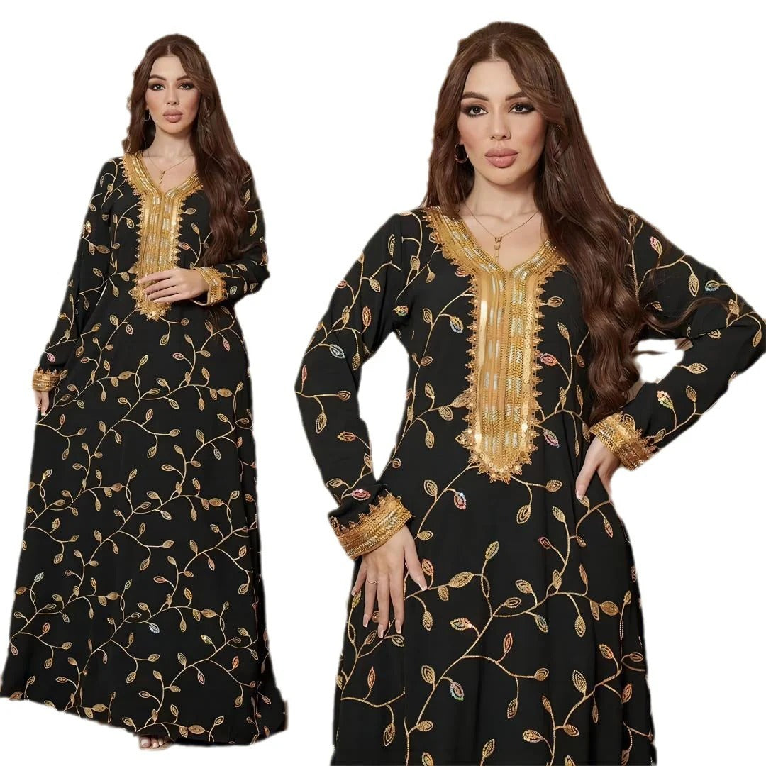 Modest Dubai Women's Galabiyat Chic Embroidery Lace Tape Full Sleeve V-Neck Sashes Arab Dress For Muslim Female