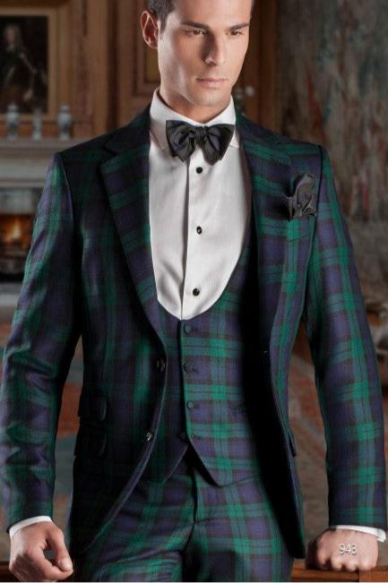 Männer im Safari -Stil Männer Anzüge für Business Green Plaid Check Jacket Jacke Weste Hosen 3 Stück Prom Party Bräutigam Hochzeit Smokedos Mitte gemacht