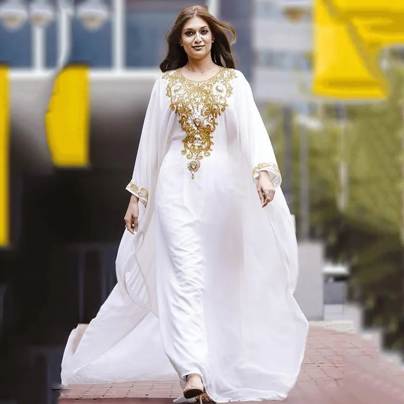 Abiti da sera musulmani in chiffon bianco con paillettes oro in rilievo Dubai Moroccan Kaftan Gowns Women Abaya Prom Party Dress