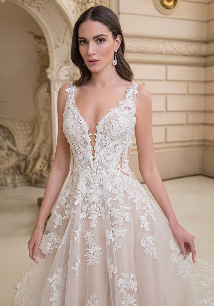 Exquisite Klassiker eine Linie Frauen Brautkleider moderne Spitzenapplikationen Braut Kleider sexy ärmellose Rückenless Robe de Mariée