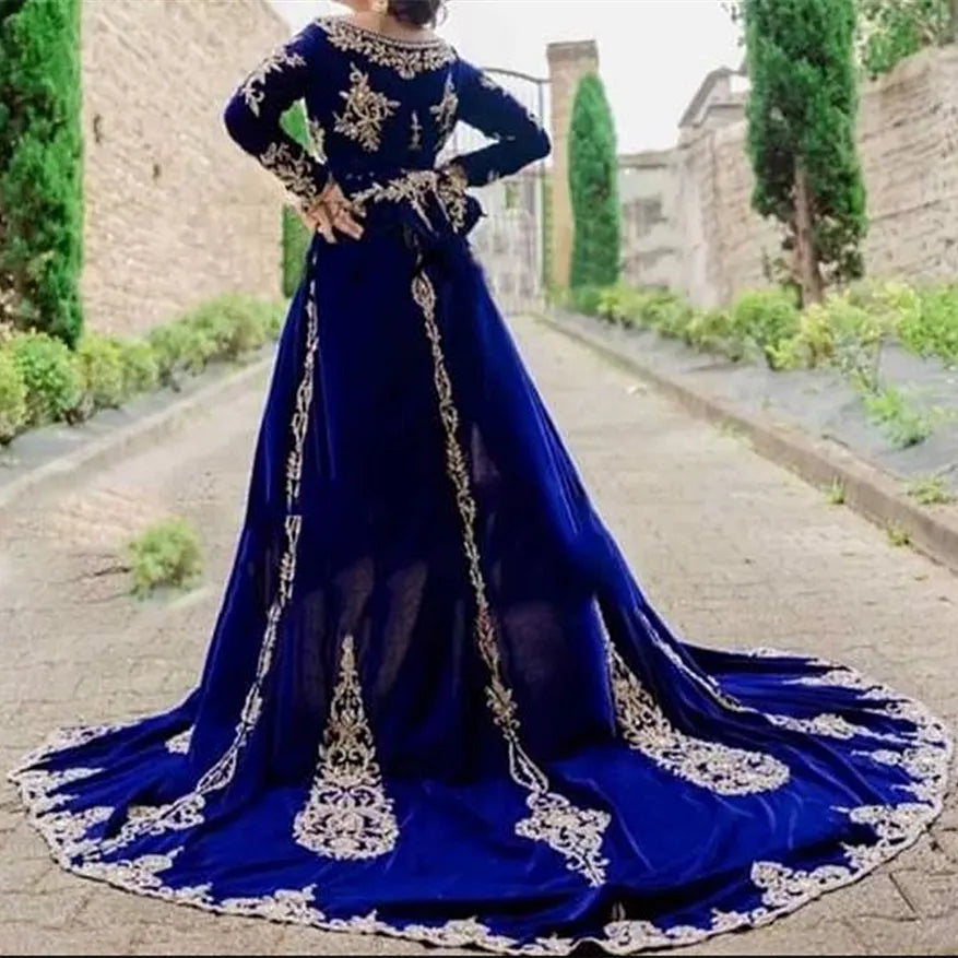 Royal Blue Algerian Caftan Evening Dress Morocco Velvet Special Occasion Dresses Appliqued Lace Outfit Prom Party Gowns