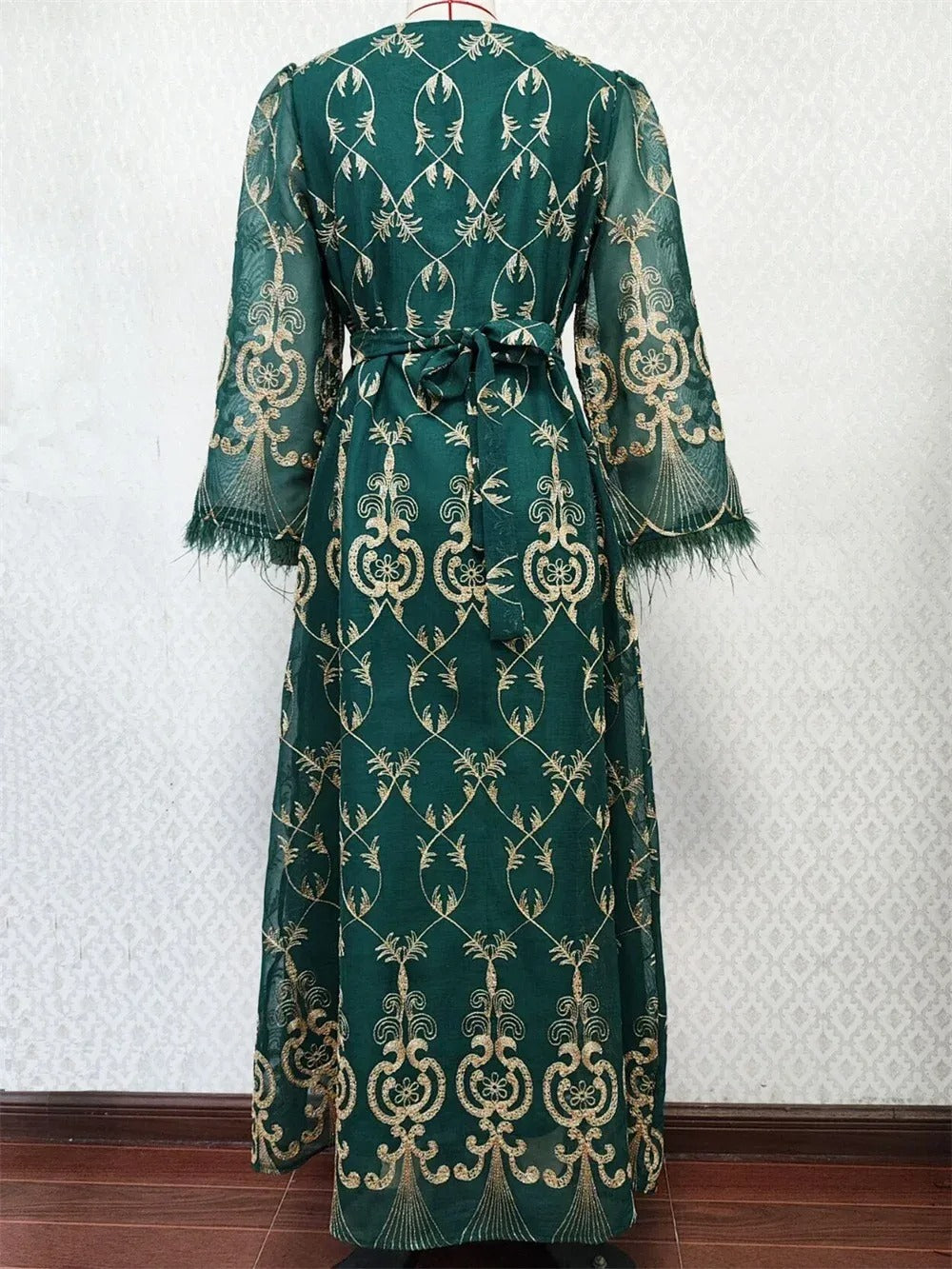 Vestido de fiesta étnico con fajas, bordado Floral dorado de Dubái, lentejuelas, plumas, retales, manga larga, cuello en V, Eid al-adha