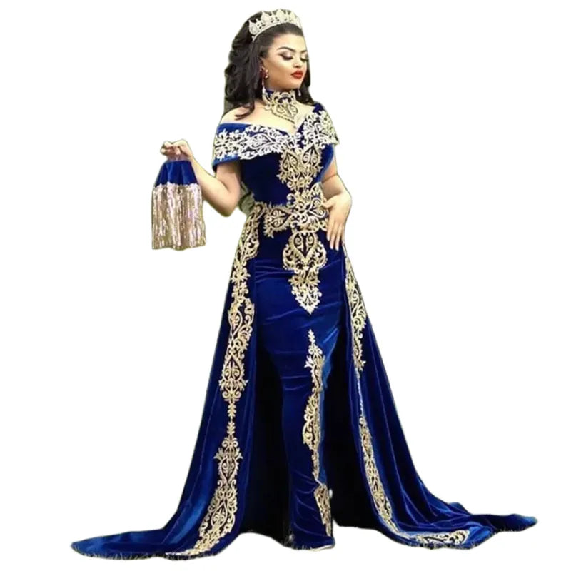 Marokkanische Caftan Abendkleider Gold Spitzen Applikationen Cap Sleeve Royal Blue Mermaid Velvet Arabische Promkleider Langes Partykleid