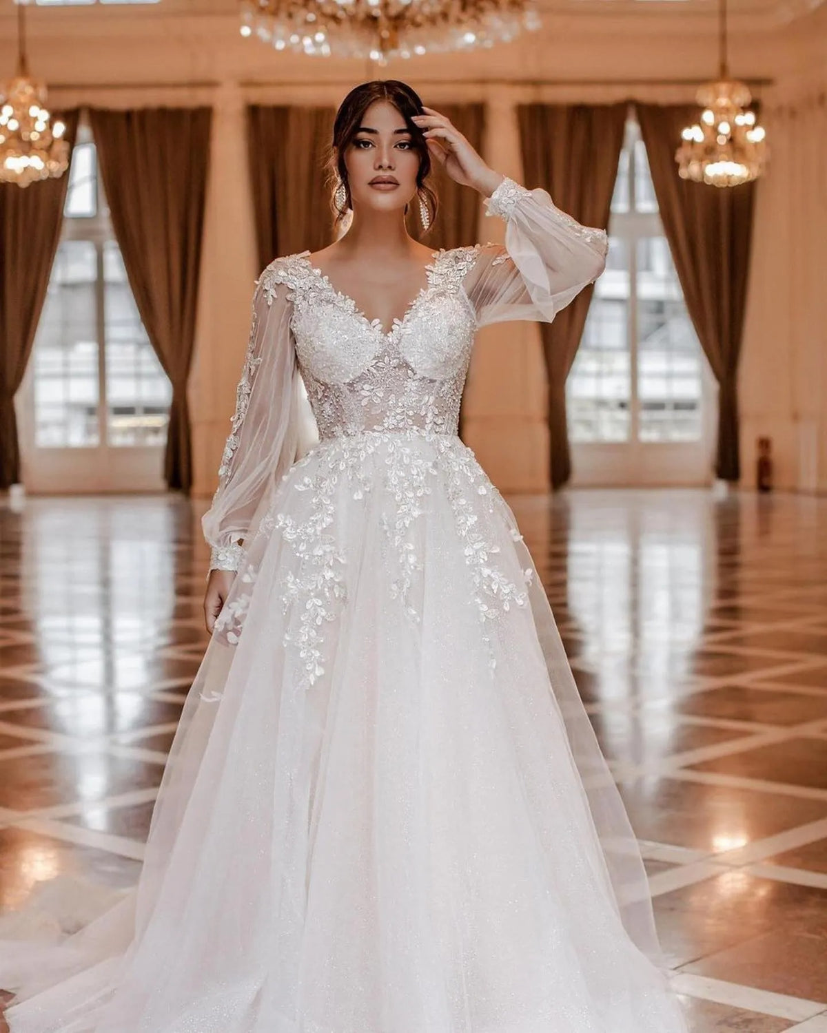 Illusion Wedding Dresses Long Puff Sleeve A Line Prom Dresses Princess V Neck Appliques Woman's Formal Bride Party Ball Gowns