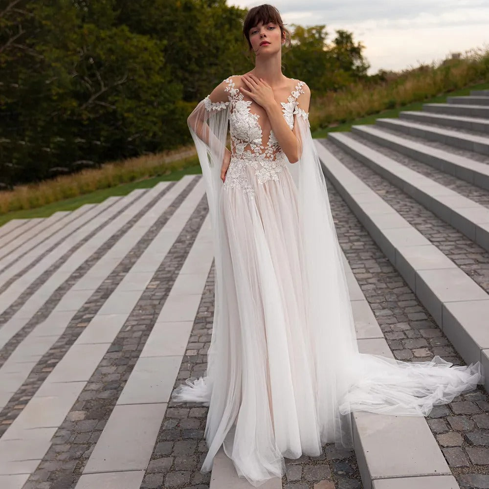 Vestido de novia de playa con Apliques de encaje de ilusión Sexy, vestidos de novia elegantes con manga de tul desmontable bohemio