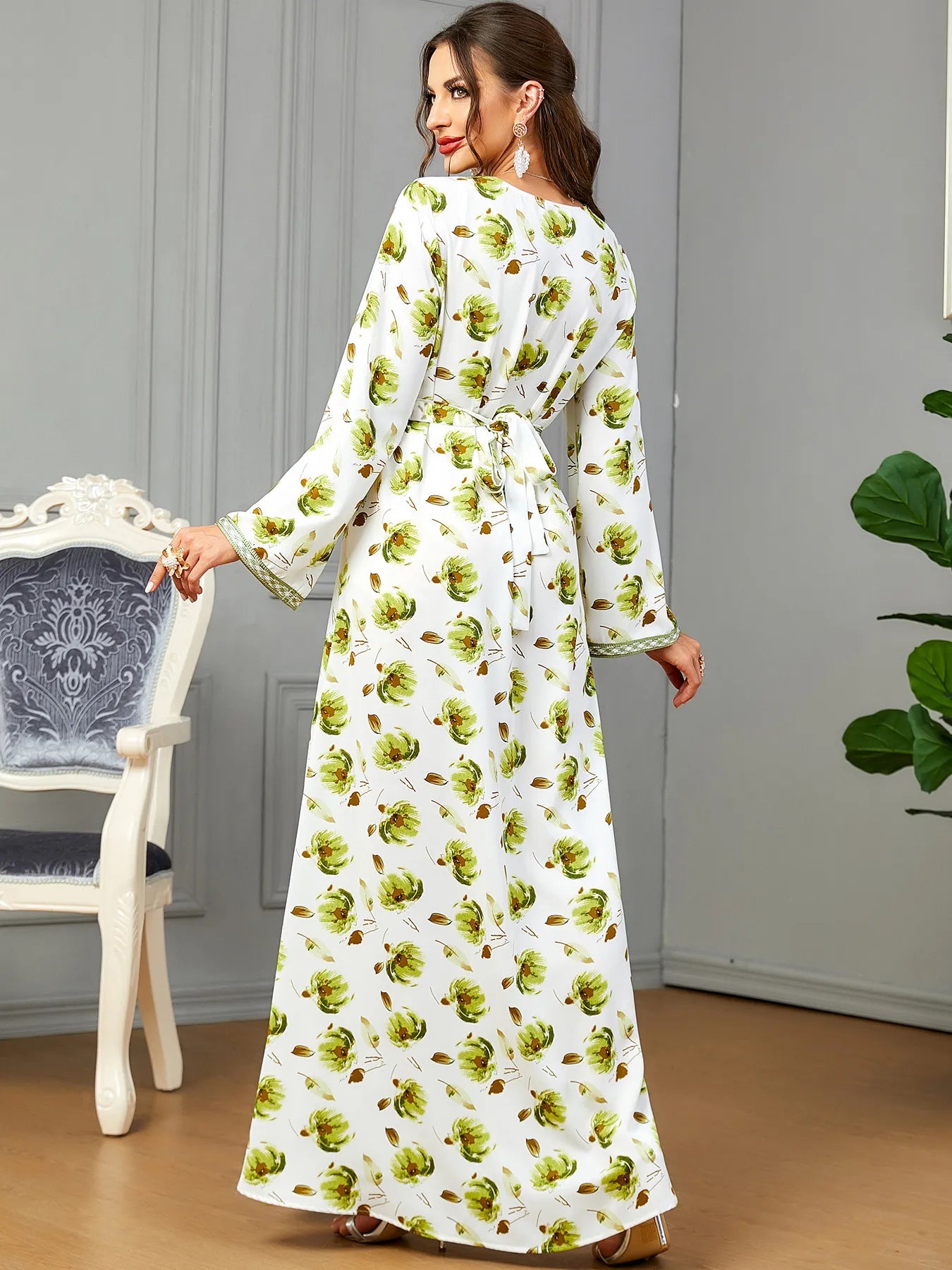 Fashion Chic Printing Casual Long Sleeve V-Neck Belted Dress Moroccan Gulf Caftan For Women Arab African Turkish Abaya