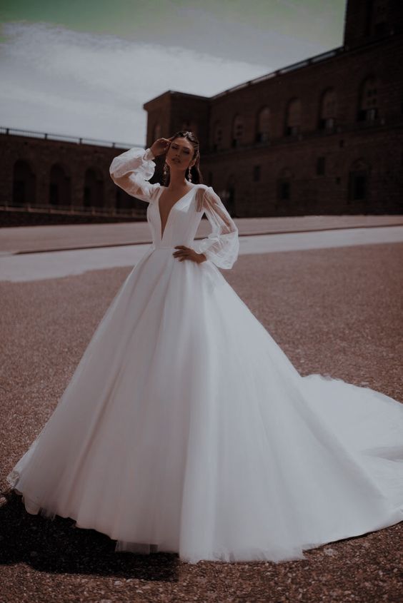 Vestidos De Novia magníficos clásicos con cuello en V sin espalda Vestidos De Novia sexis mangas abullonadas batas De satén Vestidos De Novia apliques 