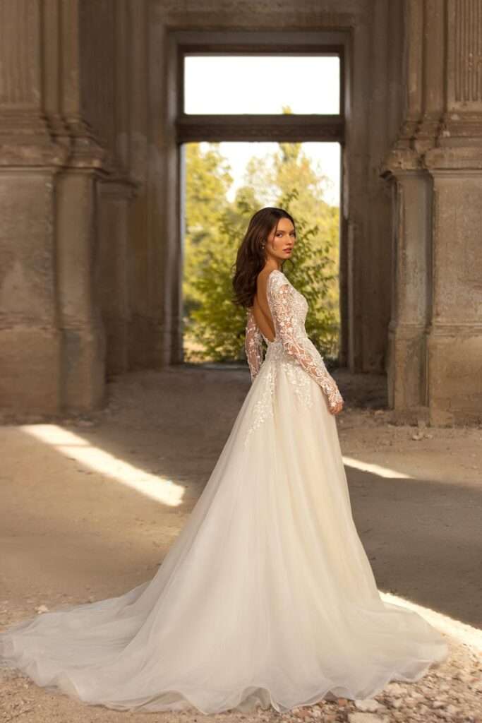 Sexy V-Ausschnitt A-Line Hochzeitskleid Spitzen Applikationen Langarmes Open Rücken-Brautkleid für Frauen maßgeschneiderte Vestido de Novia