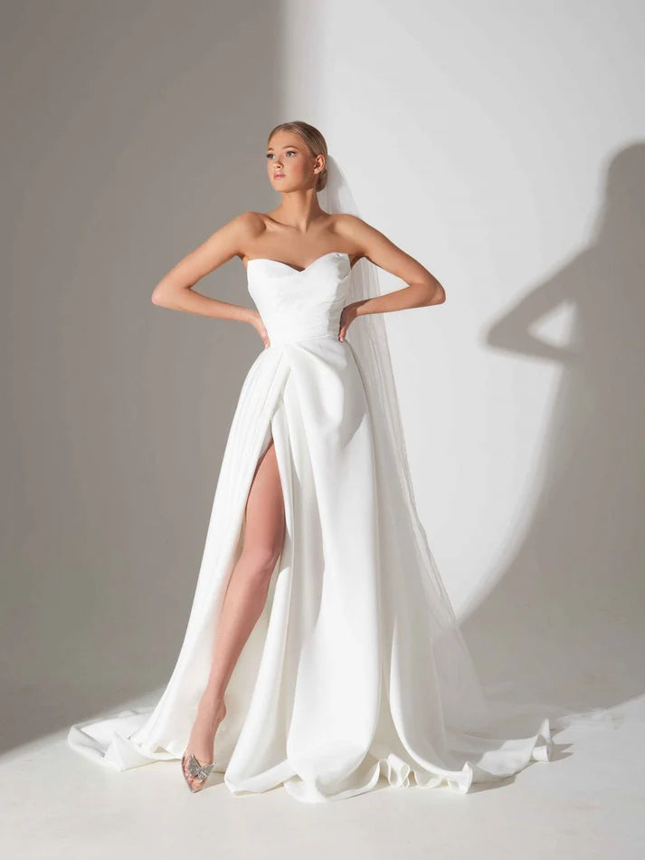 Vestido De novia De satén con escote corazón, corte en A, largo hasta el suelo, blanco, sencillo, elegante, sin mangas 