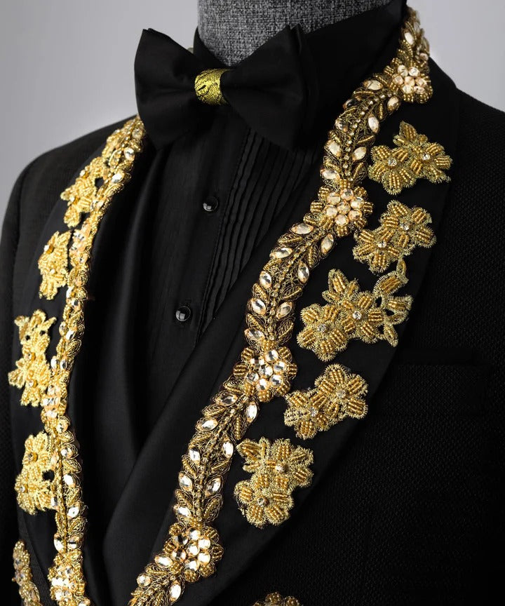 Luxurious Beaded Gold Appliques Men Suits Groom Wedding Tuxedos 3 Pieces Sets Male Prom Blazers Pants Outfit Terno Masculino