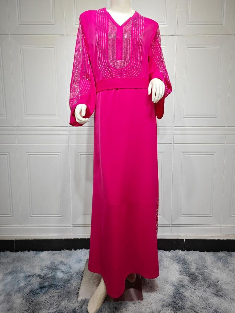 Fashion Gurted Party Diamonds Langes Kleid Jalabiyat Ramadan Kuwaiti Frauen Abayas Langarm V-Neck Elegant Islam Kaftan