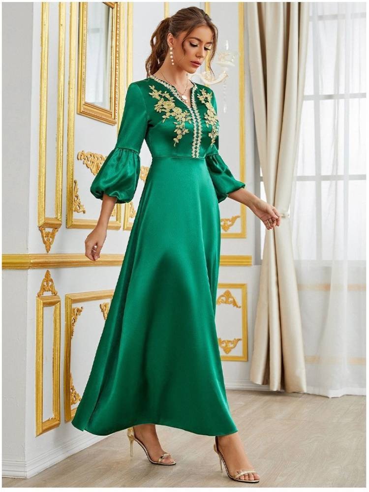 Robe de soirée en Satin à manches bouffantes, couleur unie, Djellaba, Caftan marocain pour femmes, tenues islamiques élégantes