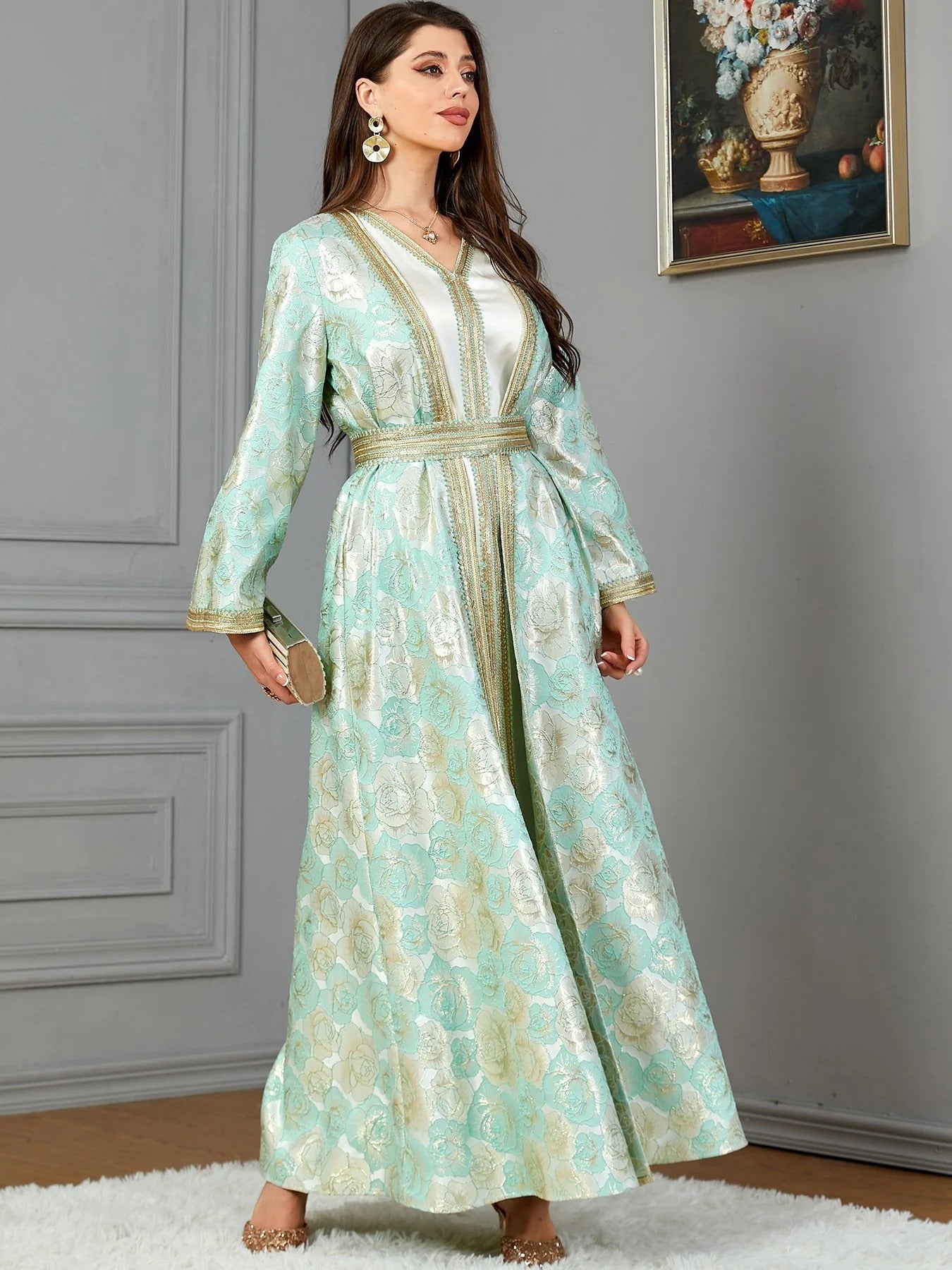 Muslim Arab Autumn Winter Fashion Long Sleeve V-Neck Jacquard Belted Set Moroccan African Gulf Women Kaftan Ramadan Eid