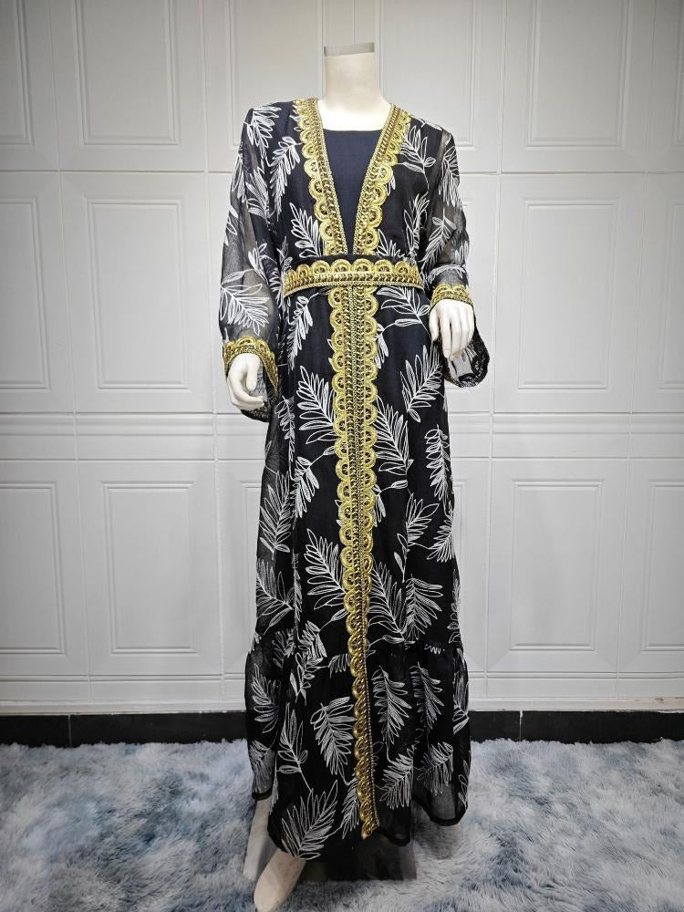 Arabische Dubai Galabia Muslimische Frauen setzt schwarze Ärmeln unter Kleid und goldene Klebeband Gürtel Stickpaine Kimono Abayas